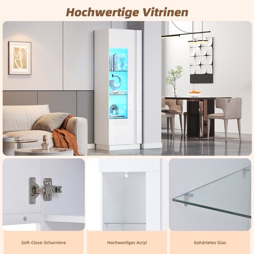 Vitrine Haute Blanche 180 Cm Avec Porte En Acrylique, LED Réglable Et Étagères En Verre