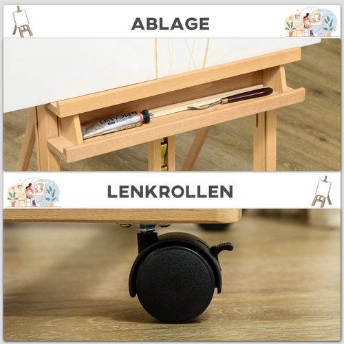 Chevalet D’artiste Réglable En Bois De Hêtre Avec Roulettes, Pliable Et Stable