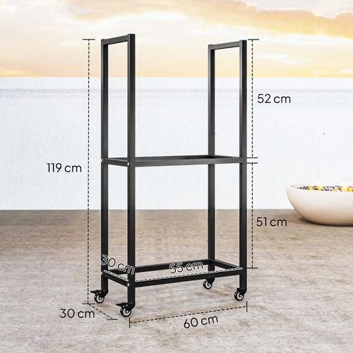 Râtelier à Bois Intérieur 2 Niveaux En Acier Avec Roulettes, 60x30x119 Cm, Noir