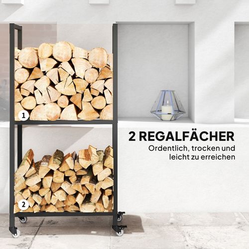 Râtelier à Bois Intérieur 2 Niveaux En Acier Avec Roulettes, 60x30x119 Cm, Noir