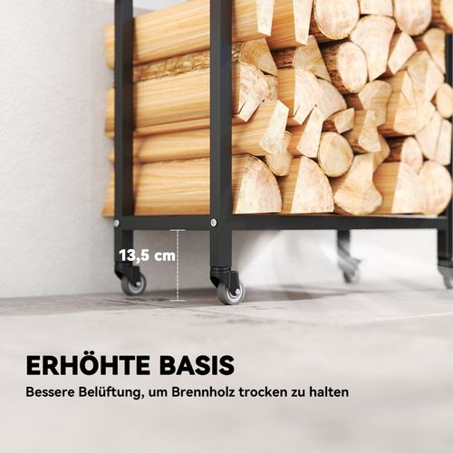 Râtelier à Bois Intérieur 2 Niveaux En Acier Avec Roulettes, 60x30x119 Cm, Noir