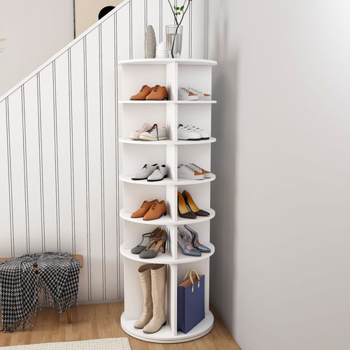 Tour à Chaussures 6 Niveaux Pivotante 360° Pour 24 Paires, Socle Haut, Blanc, 60x60x161 Cm