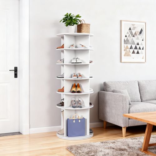 Tour à Chaussures 6 Niveaux Pivotante 360° Pour 24 Paires, Socle Haut, Blanc, 60x60x161 Cm
