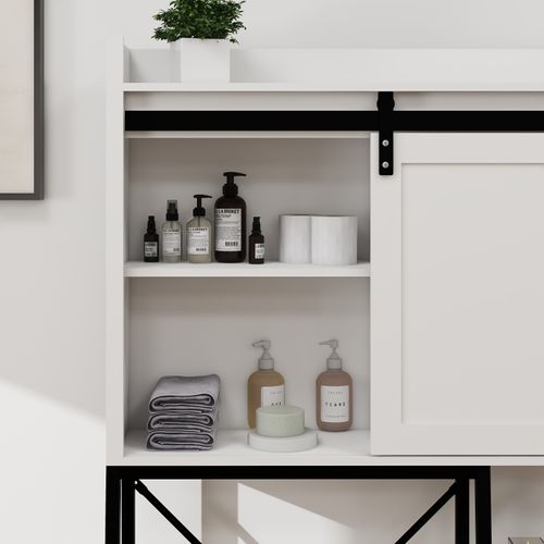 Meuble De Rangement Pour Toilettes Avec Portes Coulissantes, Étagères Ajustables, Blanc