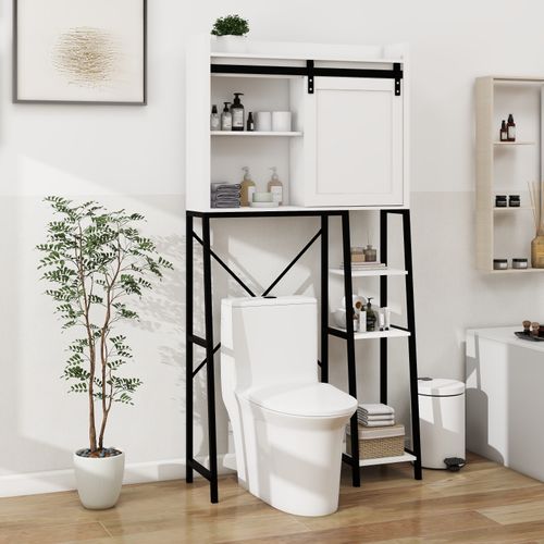 Meuble De Rangement Pour Toilettes Avec Portes Coulissantes, Étagères Ajustables, Blanc