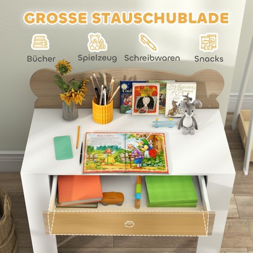 Bureau Et Chaise Enfants Avec Dossier Ours, Ensemble Table Avec Tiroir, Bois Naturel