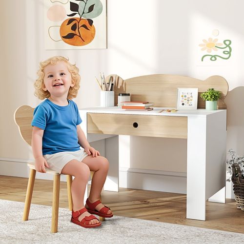 Bureau Et Chaise Enfants Avec Dossier Ours, Ensemble Table Avec Tiroir, Bois Naturel