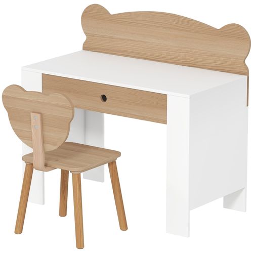 Bureau Et Chaise Enfants Avec Dossier Ours, Ensemble Table Avec Tiroir, Bois Naturel