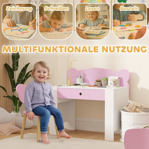 Bureau Et Chaise Enfants Avec Tiroir Et Dossier Ours, Ensemble Table Ludique Rose