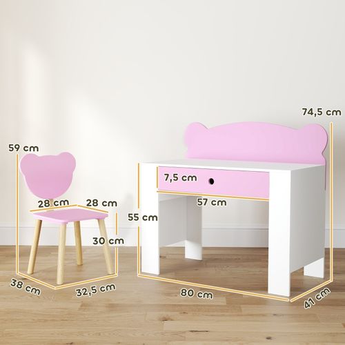 Bureau Et Chaise Enfants Avec Tiroir Et Dossier Ours, Ensemble Table Ludique Rose