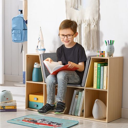 Étagère Pour Enfants Avec Assise Et 6 Compartiments, Banc Avec Coussins Gris Et Naturel