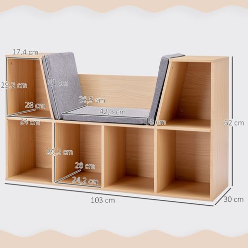Étagère Pour Enfants Avec Assise Et 6 Compartiments, Banc Avec Coussins Gris Et Naturel