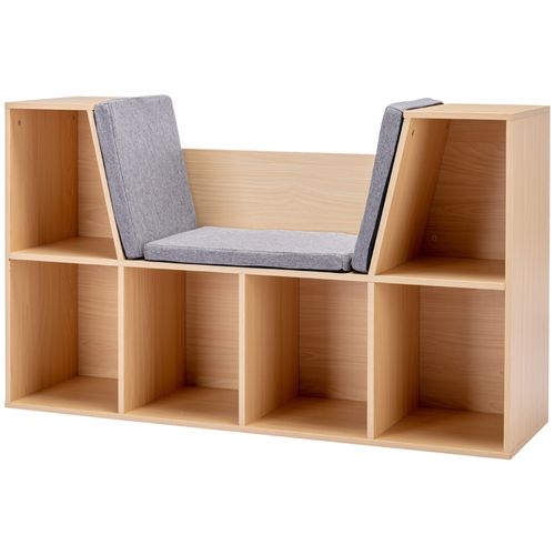 Étagère Pour Enfants Avec Assise Et 6 Compartiments, Banc Avec Coussins Gris Et Naturel