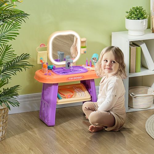 Coiffeuse Pour Enfants Avec Miroir LED, Musique Et Robinet Interactif, Violet, 55x29x71 Cm