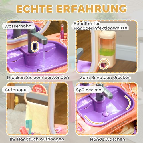 Coiffeuse Pour Enfants Avec Miroir LED, Musique Et Robinet Interactif, Violet, 55x29x71 Cm