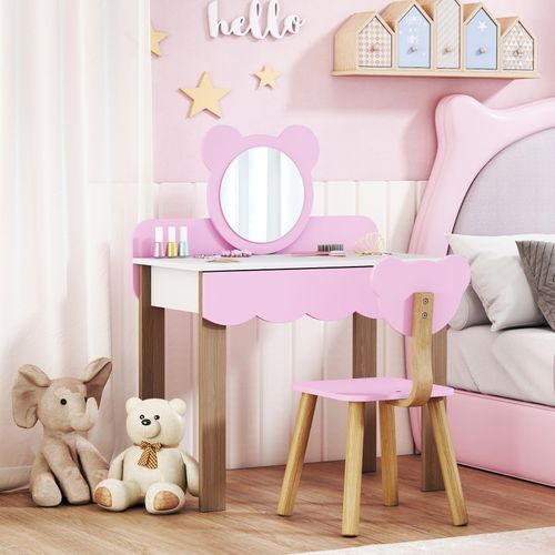 Set Coiffeuse Pour Enfants Avec Tabouret, Miroir Sécurisé En Forme D’ours, Mdf, Rose