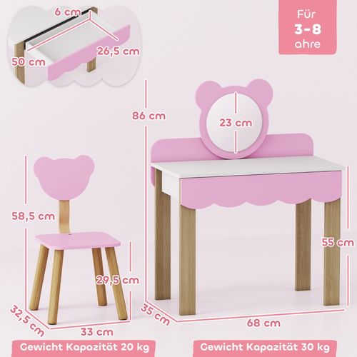 Set Coiffeuse Pour Enfants Avec Tabouret, Miroir Sécurisé En Forme D’ours, Mdf, Rose