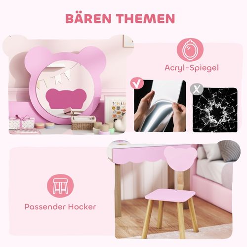 Set Coiffeuse Pour Enfants Avec Tabouret, Miroir Sécurisé En Forme D’ours, Mdf, Rose