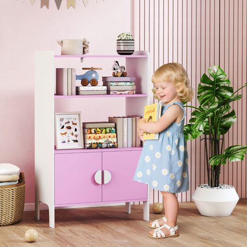 Bibliothèque Pour Enfants Avec 2 Étagères Et 2 Armoires, Anti-basculement, Mdf, Rose Et Blanc