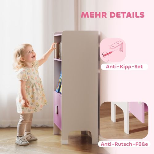 Bibliothèque Pour Enfants Avec 2 Étagères Et 2 Armoires, Anti-basculement, Mdf, Rose Et Blanc
