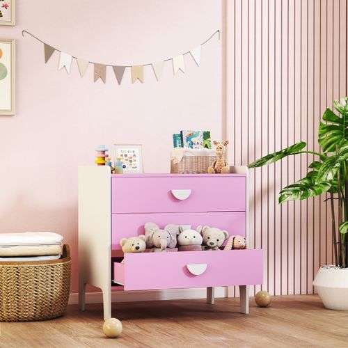 Commode Pour Enfants Avec 3 Tiroirs, Mdf, Rangement Pratique, Rose Et Blanc