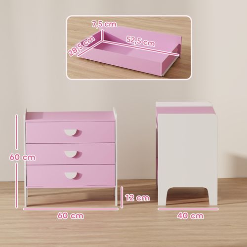 Commode Pour Enfants Avec 3 Tiroirs, Mdf, Rangement Pratique, Rose Et Blanc