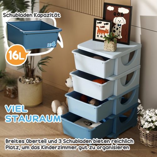 Meuble De Rangement Enfant à 4 Tiroirs Empilables, Design Surélevé Sécurisé, Plastique Bleu