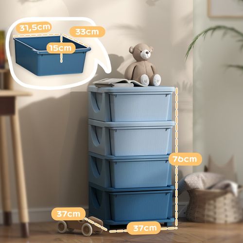 Meuble De Rangement Enfant à 4 Tiroirs Empilables, Design Surélevé Sécurisé, Plastique Bleu