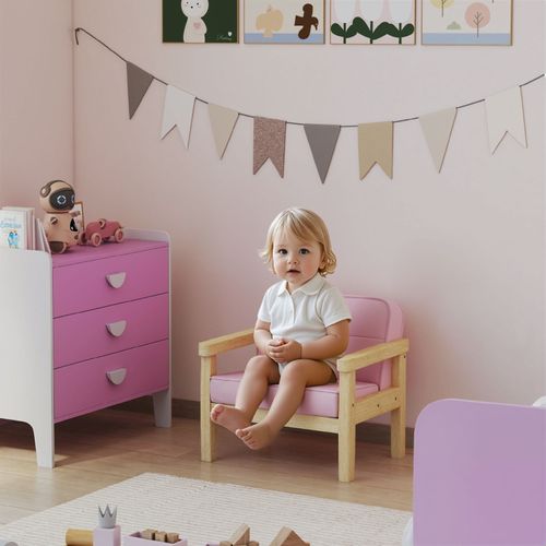 Fauteuil Enfant En Bois Avec Assise Rembourrée En Velours Côtelé, Rose 3-8 Ans