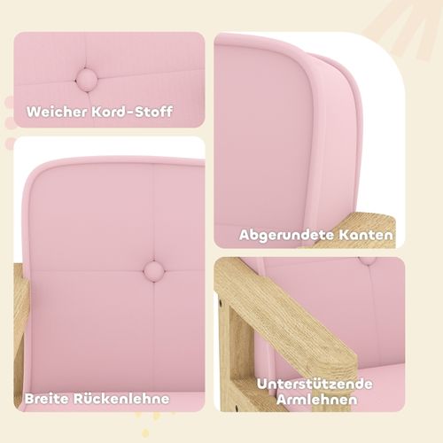 Fauteuil Enfant En Bois Avec Assise Rembourrée En Velours Côtelé, Rose 3-8 Ans