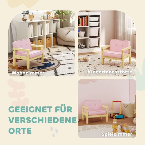 Fauteuil Enfant En Bois Avec Assise Rembourrée En Velours Côtelé, Rose 3-8 Ans