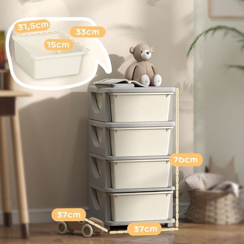 Boîte De Rangement Pour Enfants Avec 4 Tiroirs, Coins Arrondis, Plastique Crème