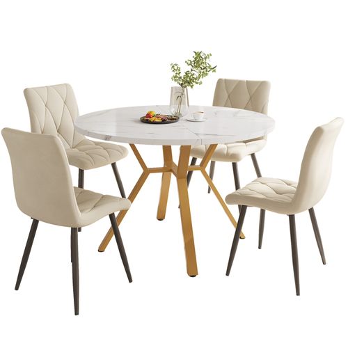 Ensemble De Salle à Manger 5 Pièces Moderne Avec Table Ronde Effet Marbre Et 4 Chaises En Velours