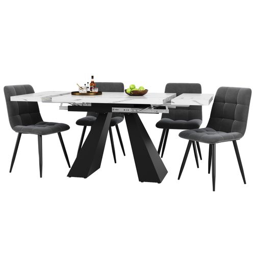 Ensemble Repas 5 Pièces Avec Table Extensible Effet Marbre Et 4 Chaises Velours Gris