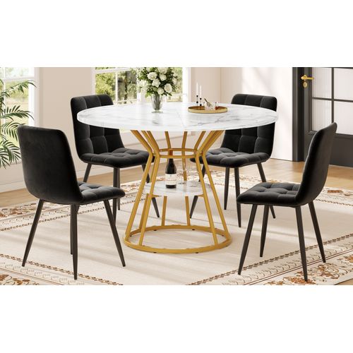 Ensemble Salle à Manger 5 Pièces Avec Table Ronde 100x100 Cm Et Chaises Velours Gris, Cadre Doré