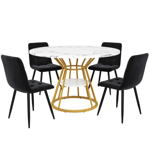 Ensemble Salle à Manger 5 Pièces Avec Table Ronde 100x100 Cm Et Chaises Velours Gris, Cadre Doré