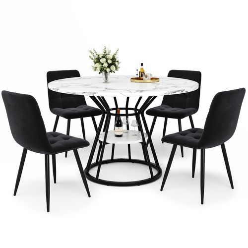 Ensemble Salle à Manger 5 Pièces Avec Table Ronde 100x100 Cm Et Chaises Velours Gris, Cadre Noir