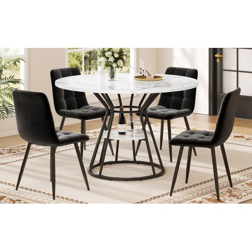 Ensemble Salle à Manger 5 Pièces Avec Table Ronde 100x100 Cm Et Chaises Velours Gris, Cadre Noir