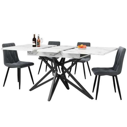 Ensemble Salle à Manger 5 Pièces Avec Table Extensible Effet Noyer Et Chaises Velours Gris, Blanc