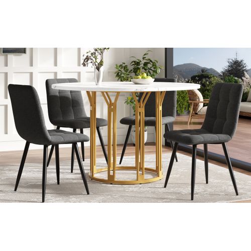 Ensemble Salle à Manger 5 Pièces Avec Table Ronde Effet Marbre Et Chaises Grises, Cadre Doré