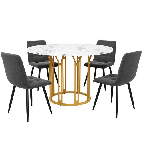 Ensemble Salle à Manger 5 Pièces Avec Table Ronde Effet Marbre Et Chaises Grises, Cadre Doré