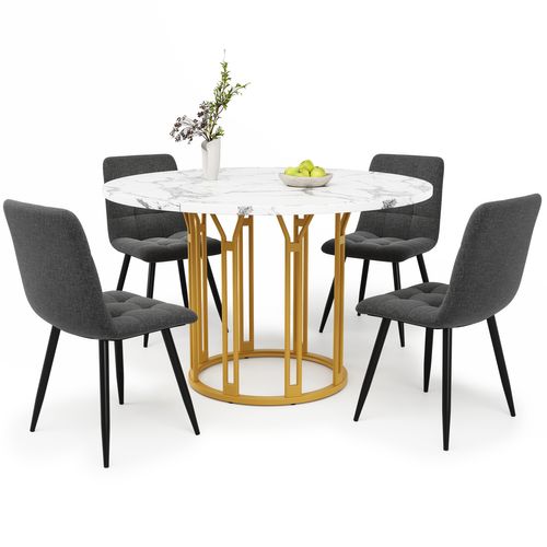 Ensemble Salle à Manger 5 Pièces Avec Table Ronde Effet Marbre Et Chaises Grises, Cadre Doré