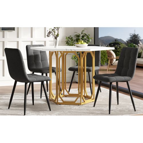 Ensemble Salle à Manger 5 Pièces Avec Table Hexagonale Effet Marbre Et Chaises Grises