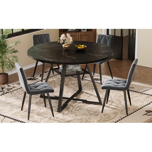 Ensemble Salle à Manger 5 Pièces Avec Table Ronde Effet Marbre Et Chaises En Velours Gris, Noir