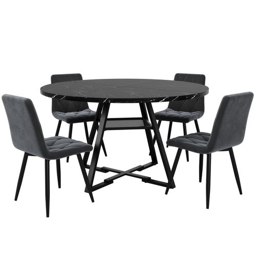 Ensemble Salle à Manger 5 Pièces Avec Table Ronde Effet Marbre Et Chaises En Velours Gris, Noir