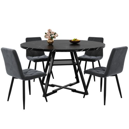 Ensemble Salle à Manger 5 Pièces Avec Table Ronde Effet Marbre Et Chaises En Velours Gris, Noir