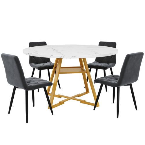 Ensemble Salle à Manger 5 Pièces Avec Table Ronde Effet Marbre Et Chaises En Velours Gris, Blanc