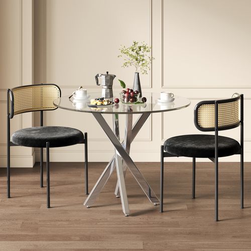 Ensemble Table à Manger 80x80 Cm En Verre Trempé Avec 2 Chaises Noires Et Pieds Argentés