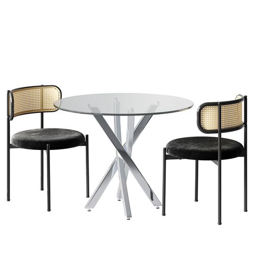 Ensemble Table à Manger 80x80 Cm En Verre Trempé Avec 2 Chaises Noires Et Pieds Argentés