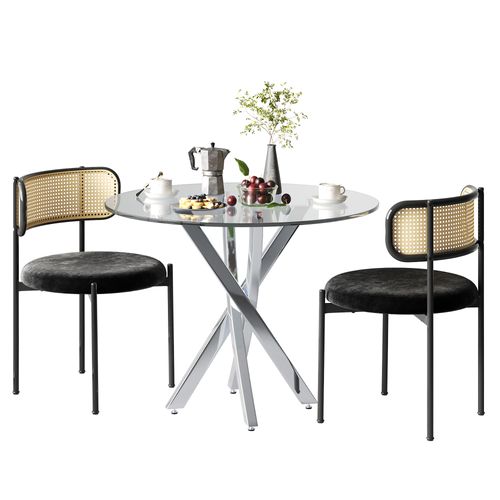 Ensemble Table à Manger 80x80 Cm En Verre Trempé Avec 2 Chaises Noires Et Pieds Argentés